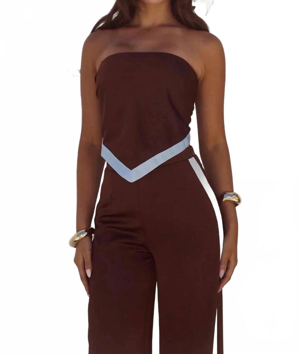 NEW SEVEN WONDERS tina strapless scarf top in chocolate/sky blue